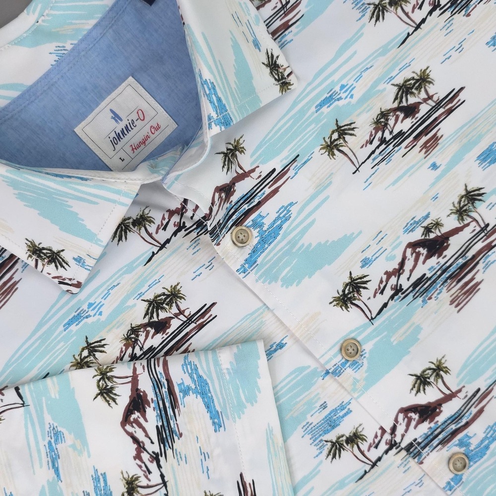 Johnnie-O Shirt Mens Large White Barts Hawaiian Tropical Short Sleeve Stretch